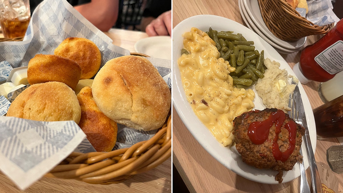 Cracker Barrel's biscuits, left, and meatloaf meal are pictured at one of the remodeled restaurants.
