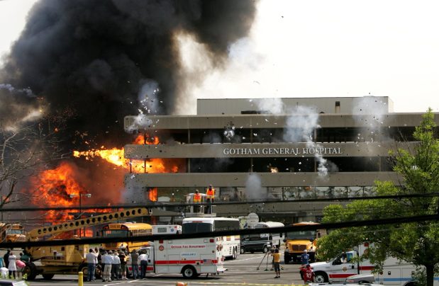 Filmmakers working on the next episode of the Batman series "The Dark Knight," blow up the old administrative offices at the Brach's candy factory at Hubbard Street and Cicero Avenue on the West Side of Chicago on Aug. 29, 2007. (Phil Velasquez/Chicago Tribune) 