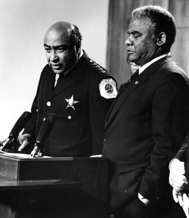Police Supt. Fred Rice comments on Mayor Harold Washington's four point proposal to crack down on gang violence on Dec. 3, 1984. (Ernie Cox Jr./Chicago Tribune) 