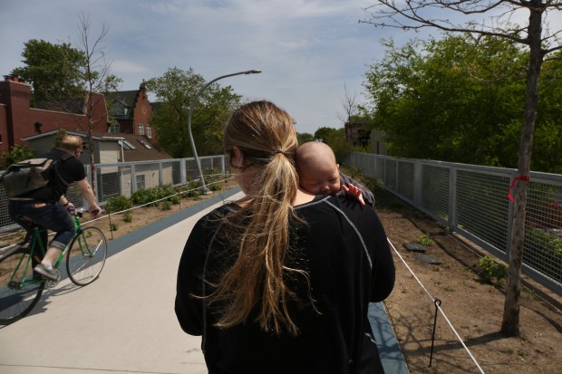 Five-week-old Goldie Plous visits The 606 Trail for the very...