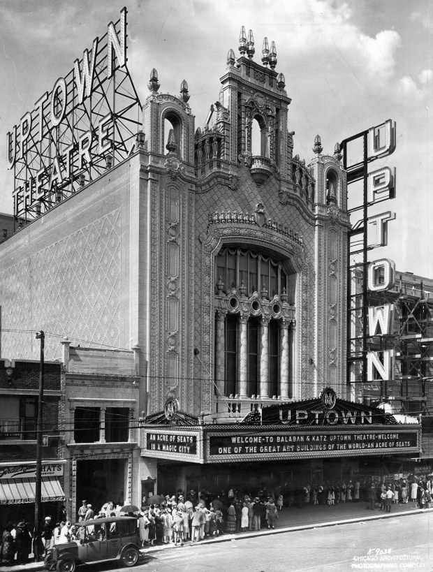 Patrons gather at the main entrance on Broadway for opening day at the Uptown Theatre in Chicago on Aug. 18, 1925. (Chicago Architectural Photographing Company)