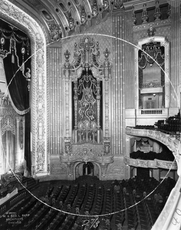 An interior view of the Uptown Theatre on North Broadway in Chicago, circa 1928. Editor's note: a circle crop mark can be seen on this historic print. (C.W. & George L. Rapp Architects Chicago) 