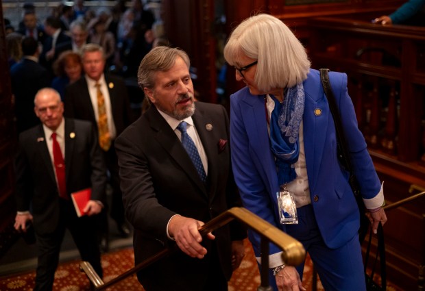 State Sens. Robert Martwick and Mary Edly-Allen before Gov. JB Pritzker delivered his annual State of the State address, Feb. 19, 2025, at the Illinois State Capitol in Springfield. (Brian Cassella/Chicago Tribune)