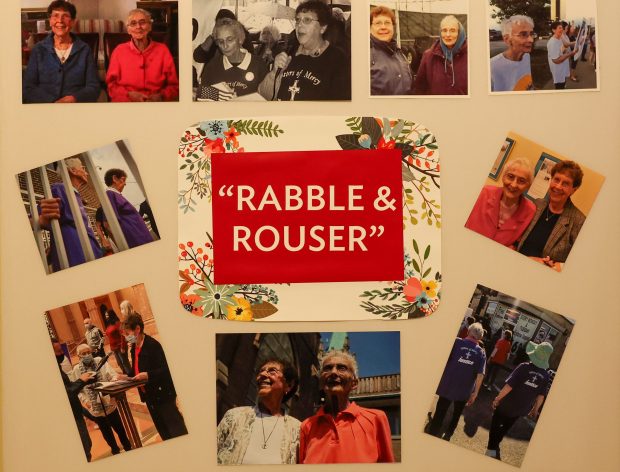 A photo board naming Sister JoAnn Persch and Sister Pat Murphy "Rabble & Rouser" is displayed at Sister Pat's celebration of life Mass at Mercy Chapel in Evergreen Park on July 31, 2025. Murphy died last week at the age of 95. (Stacey Wescott/Chicago Tribune)