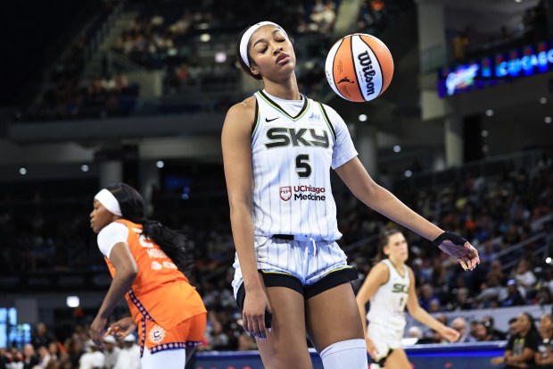 Sky forward Angel Reese reacts in frustration after the Sun scored during the second half Saturday, Aug. 23, 2025, at Wintrust Arena. (Geoff Stellfox/Getty Images)