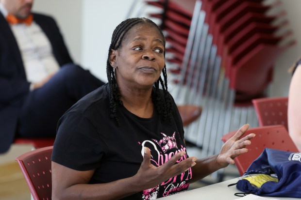 Tammy Spivey, a resident at the Mercy Commons housing development in Chicago, participates in a cooking demonstration and discussion about nutrition on Aug. 12, 2025. (Terrence Antonio James/Chicago Tribune)