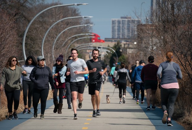 Crowds on The 606 trail in the Wicker Park neighborhood,...