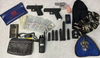 Firearms, cash and stolen valuables were recovered from an operation led by the Los Angeles Police Department on August 20. Police arrested members of a burglary crew suspected of nearly 100 break-ins in the Los Angeles area. - LAPD/AP