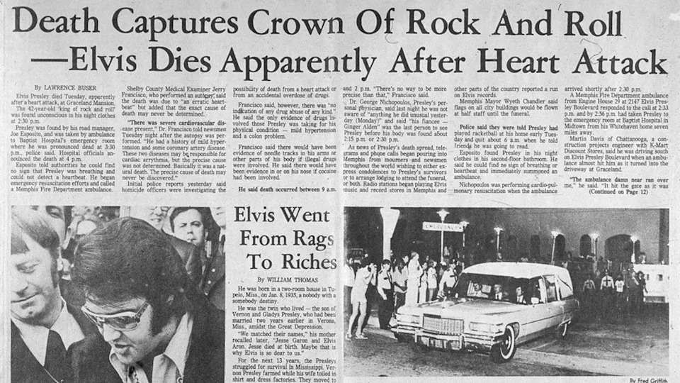<div>FILE - View of the front page of the Commercial Appeal newspaper the day after the death of American rock and roll singer Elvis Presley, Memphis, Tennessee, August 17, 1977. The main headline reads 'Death Captures Crown of Rock and Roll--Elvis Dies Apparently After Heart Attack.' (Photo by Blank Archives/Getty Images)</div>