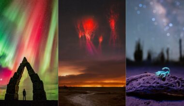 A triptych: Left—person stands under a stone arch with vibrant green and red auroras in the sky. Center—red sprites appear over an orange horizon. Right—small scorpion glows under ultraviolet light on rocky ground with a blurred background.