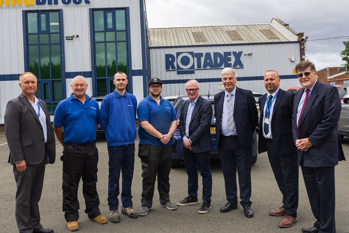 Left to right: Paul Smith (adult training, PTP), Adrian O’Loughlin (manager, Rotadex)  Aaron Gare (apprentice now employed by Rotadex), Daniel Harte (apprentice),  Mayor Richard Parker, Kevin Newell (engineering project manager, PTP)  Ian Bailey (operations manager PTP), William White (managing director, Rotadex)