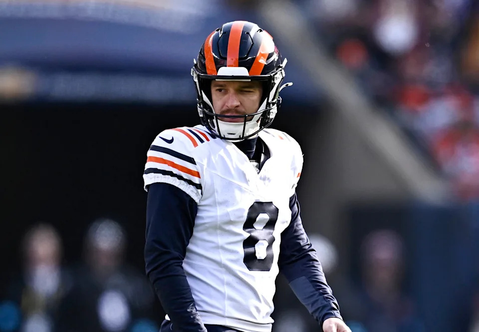 CHICAGO, ILLINOIS - NOVEMBER 24: Cairo Santos #8 of the Chicago Bears walks off the field after a blocked field goal during the second quarter against the Minnesota Vikings at Soldier Field on November 24, 2024 in Chicago, Illinois. (Photo by Quinn Harris/Getty Images)