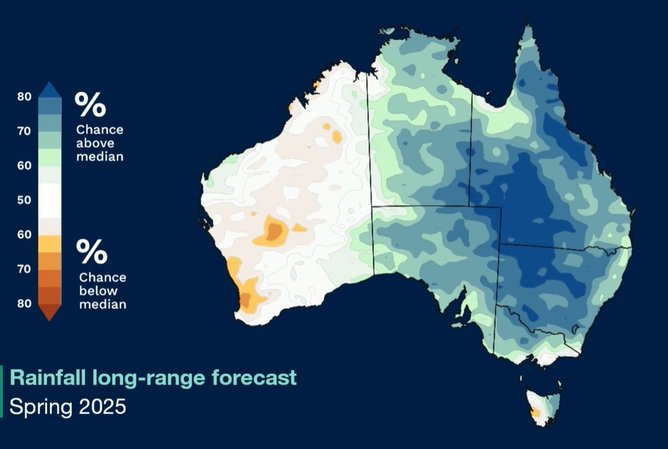 A map showing the expected long-forecast rainfall levels for spring 2025. 