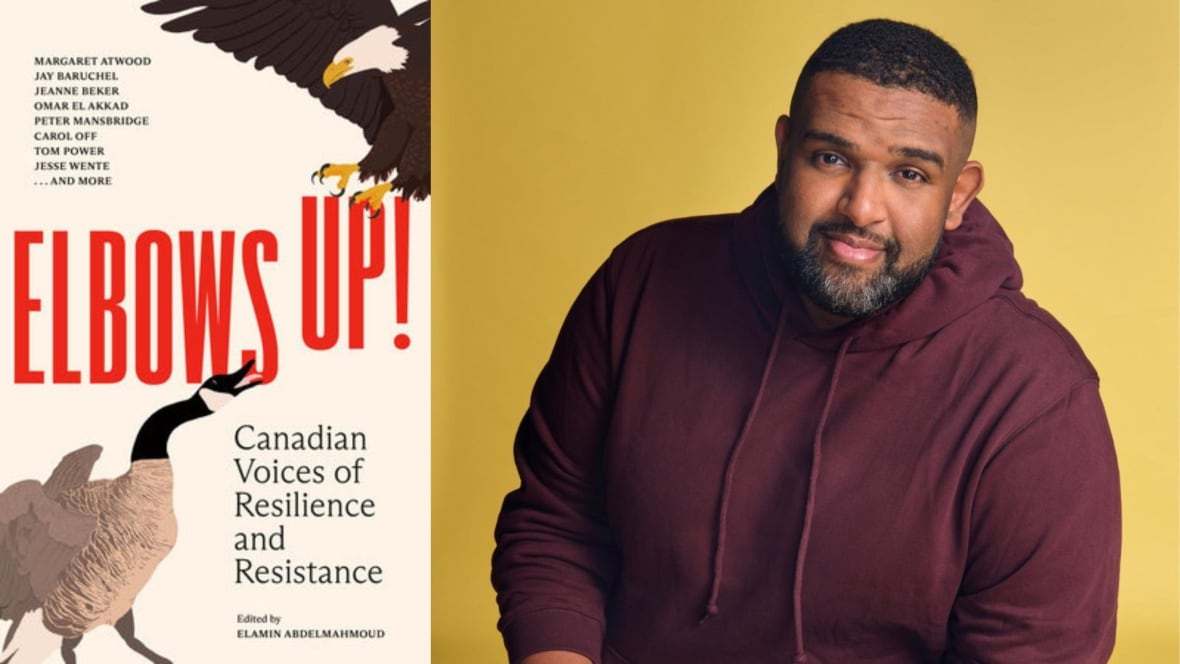 A photo composite of a book cover with a Canadian goose on the left and on the right is a man wearing a burgundy hoodie smiling at the camera. 