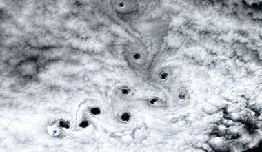 A satellite photo sowing ten dark holes in the clouds swirling in the sky