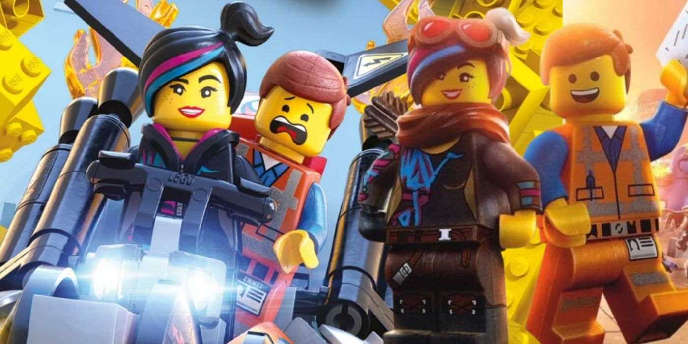 A composite image of Emmet and WyldStyle in various scenes from the LEGO Movie