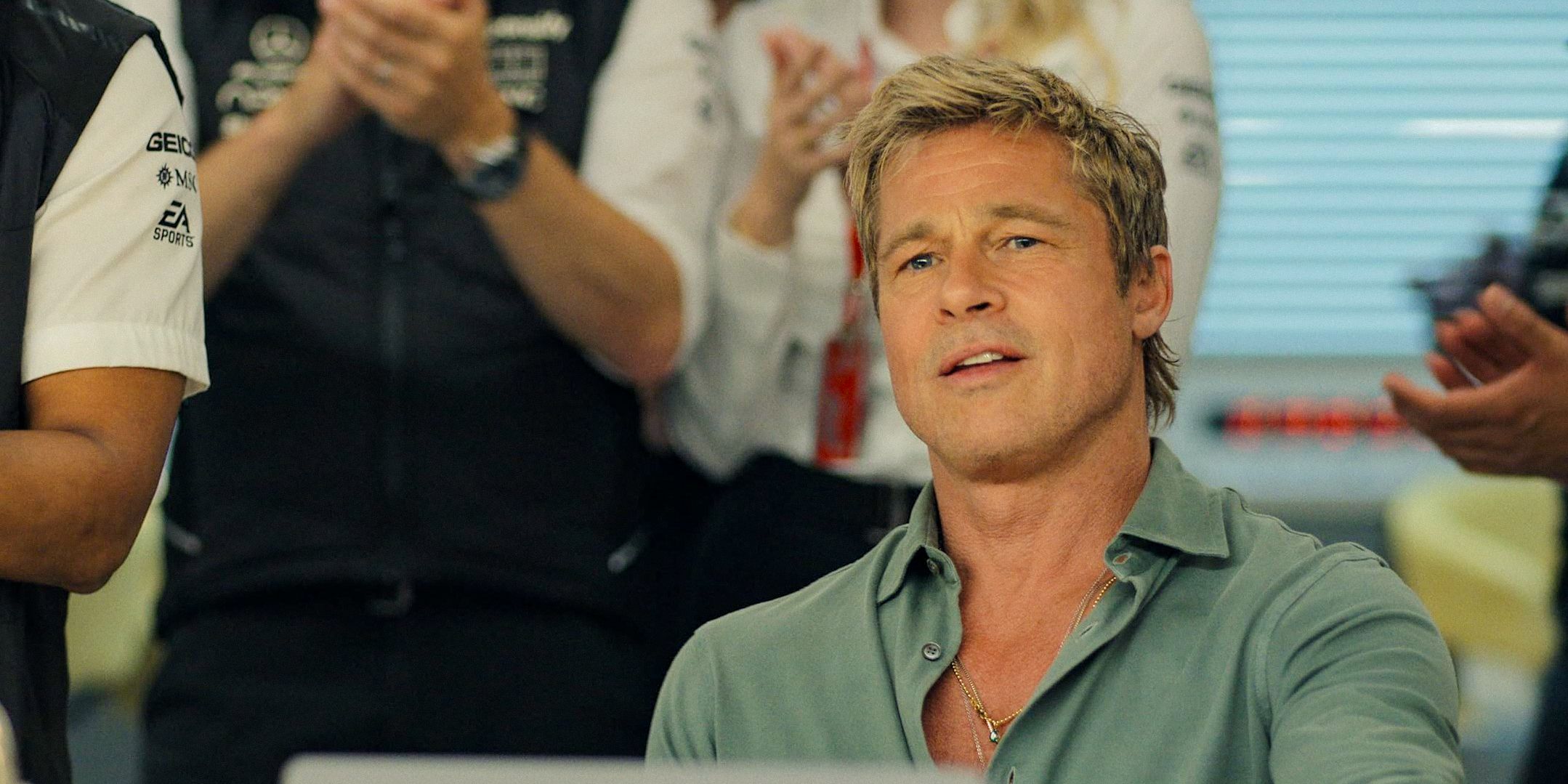 Brad Pitt as Sonny Hayes looking proud in F1 The Movie