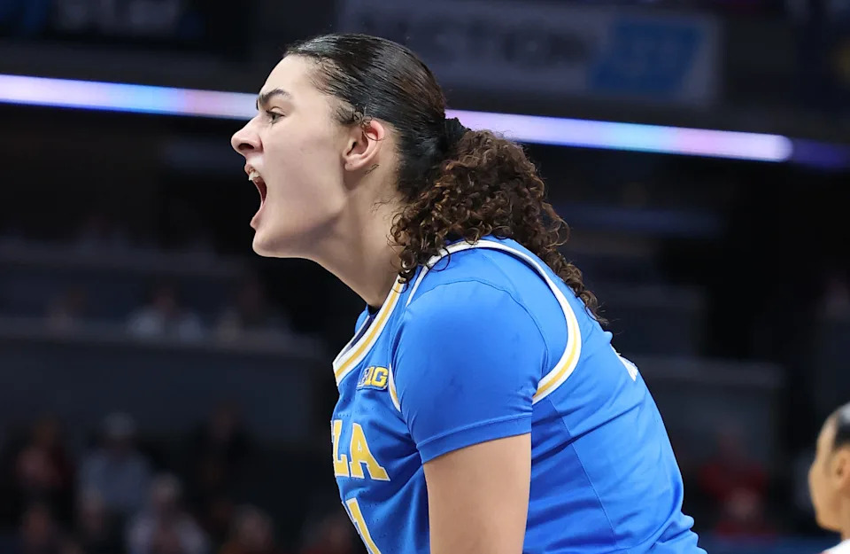 INDIANAPOLIS, INDIANA - MARCH 09: Lauren Betts #51of the UCLA Bruins celebrates during the 72-67 win over the USC Trojans in the Big Ten Women's Basketball Tournament - Championship game at Gainbridge Fieldhouse on March 09, 2025 in Indianapolis, Indiana. (Photo by Andy Lyons/Getty Images)