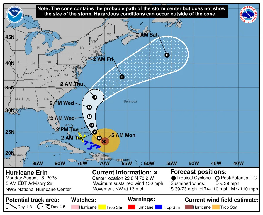 Hurricane Erin has reintensified into a Category 4 storm on Monday, Aug. 18, according to the National Hurricane Center.