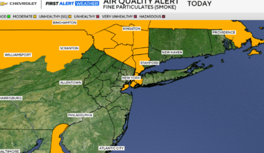 Air quality alert issued for NYC, Hudson Valley today. Map shows Canadian wildfire smoke.