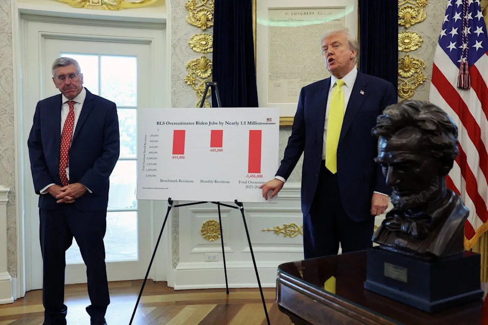 President Donald Trump called the press into the Oval Office for a ‘major announcement’ about the economy. But he just showed off charts of his perceived success. (REUTERS)