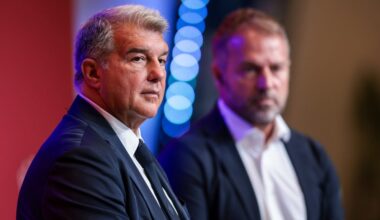 BARCELONA, SPAIN - JULY 25: New FC Barcelona Head Coach Hansi Flick (R) and Joan Laporta, President of FC Barcelona pose for a photo during a press conference at Spotify Camp Nou on July 25, 2024 in Barcelona, Spain. (Photo by Eric Alonso/Getty Images)