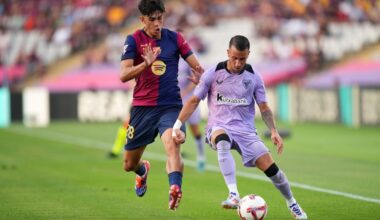 BARCELONA, SPAIN - AUGUST 24: Alex Berenguer of Athletic Club is challenged by Marc Bernal of FC Barcelona during the La Liga match between FC Barcelona and Athletic Club at Camp Nou on August 24, 2024 in Barcelona, Spain. (Photo by Alex Caparros/Getty Images)