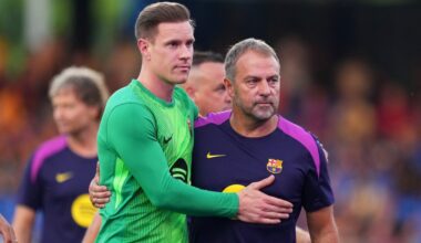 BARCELONA, SPAIN - AUGUST 10: Marc-Andre Ter Stegen of FC Barcelona embraces Hansi Flick, Head Coach of FC Barcelona prior to the Joan Gamper Trophy match between FC Barcelona and Como1907 at Estadi Johan Cruyff on August 10, 2025 in Barcelona, Spain. (Photo by Alex Caparros/Getty Images)