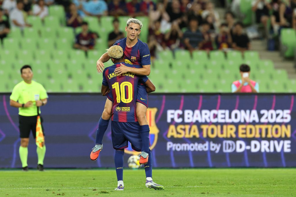 DAEGU, SOUTH KOREA - AUGUST 04: Gavi of FC Barcelona celebrates scores his side’s first goal during the pre-season friendly between FC Barcelona and Daegu FC at Daegu Stadium on August 04, 2025 in Daegu, South Korea. (Photo by Han Myung-Gu/Getty Images)