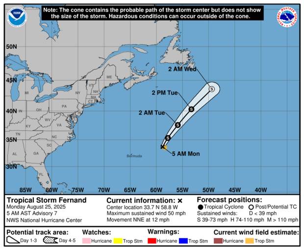 Tropical Storm Fernand's forecast path as of 5 a.m. Monday, Aug. 25, 2025. (NHC)