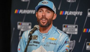 Denny Hamlin answers questions from the media during NASCAR Cup Series Playoff Media Day at Charlotte Convention Center.