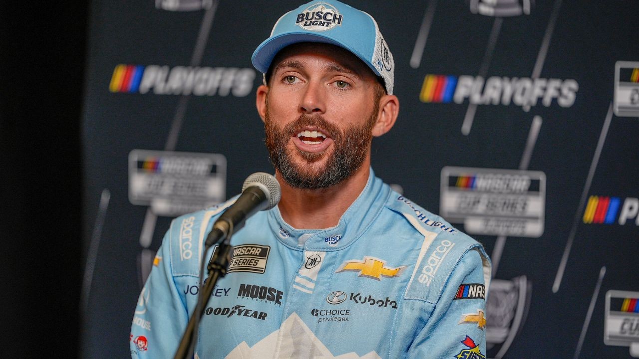 Denny Hamlin answers questions from the media during NASCAR Cup Series Playoff Media Day at Charlotte Convention Center.