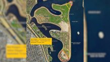 A map showing the areas closed to dogs in Fiesta Island.