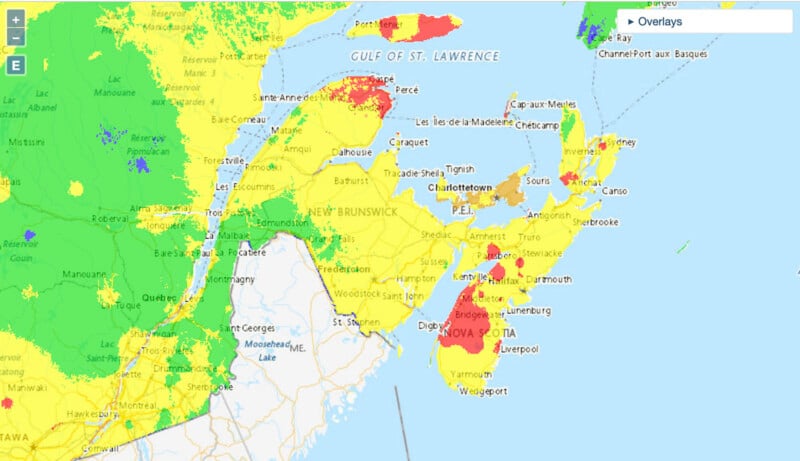 Map of eastern Canada showing varying colors: green, yellow, and red patches indicating different levels of data or risk across New Brunswick, Nova Scotia, Prince Edward Island, and surrounding areas.