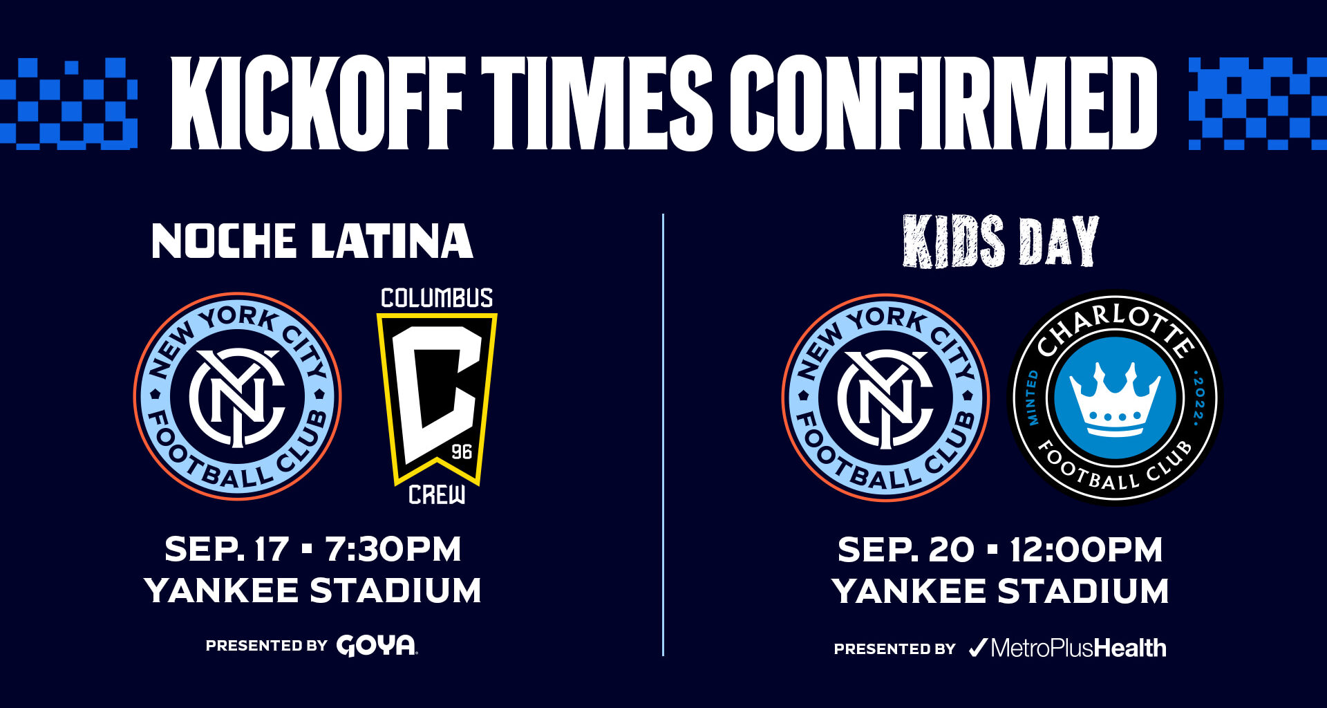 New York City FC Announces Kickoff Times for September 17 and 20 Matches 
