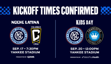 New York City FC Announces Kickoff Times for September 17 and 20 Matches 