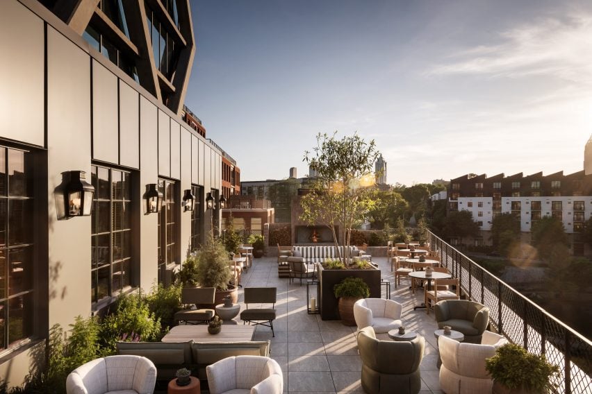 Outdoor seating on a third-floor terrace