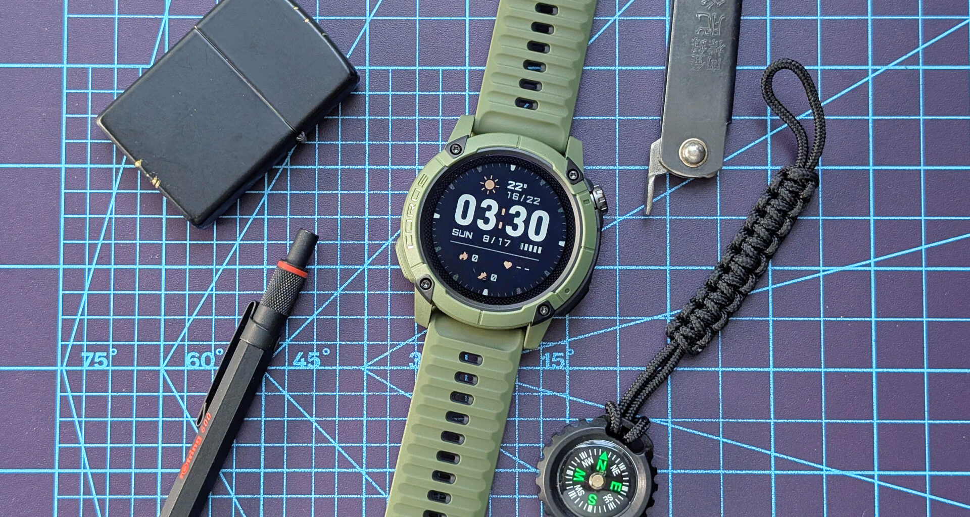 Close-up of the Coros Nomad rugged smartwatch in dark green