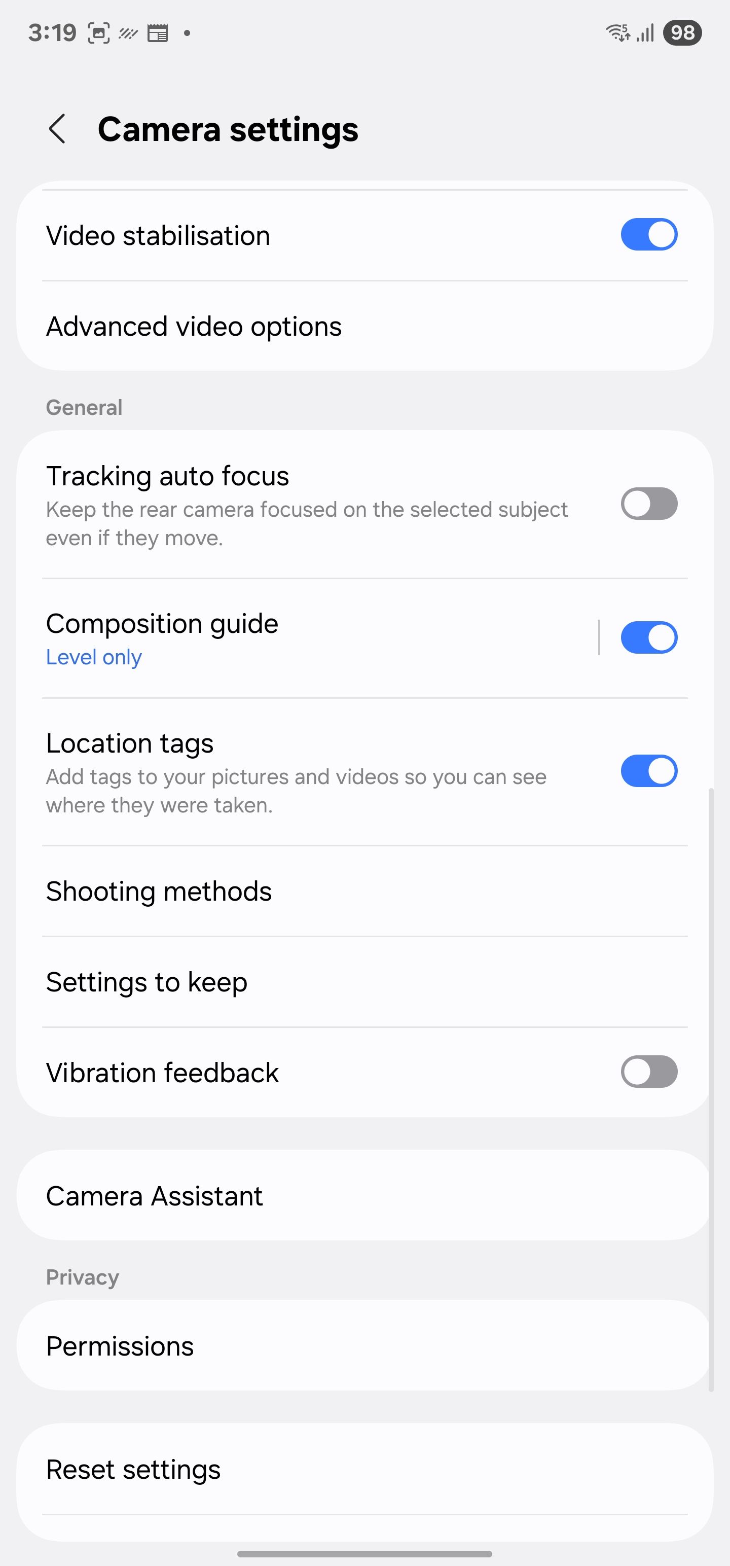 Camera settings of Galaxy Camera app