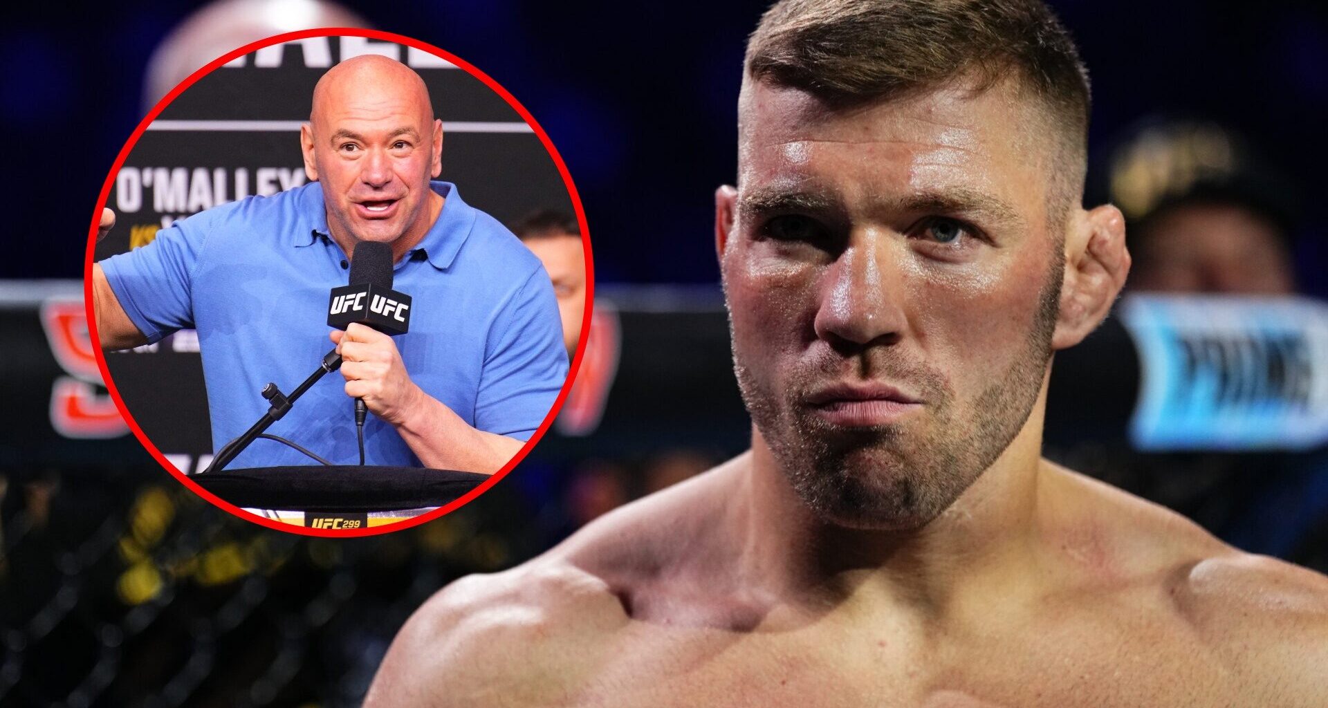Main: Dricus du Plessis prepares to face Sean Strickland at UFC 312. Inset: Dana White speaks in stage at the UFC 299 press conference.