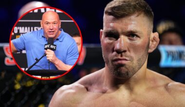 Main: Dricus du Plessis prepares to face Sean Strickland at UFC 312. Inset: Dana White speaks in stage at the UFC 299 press conference.