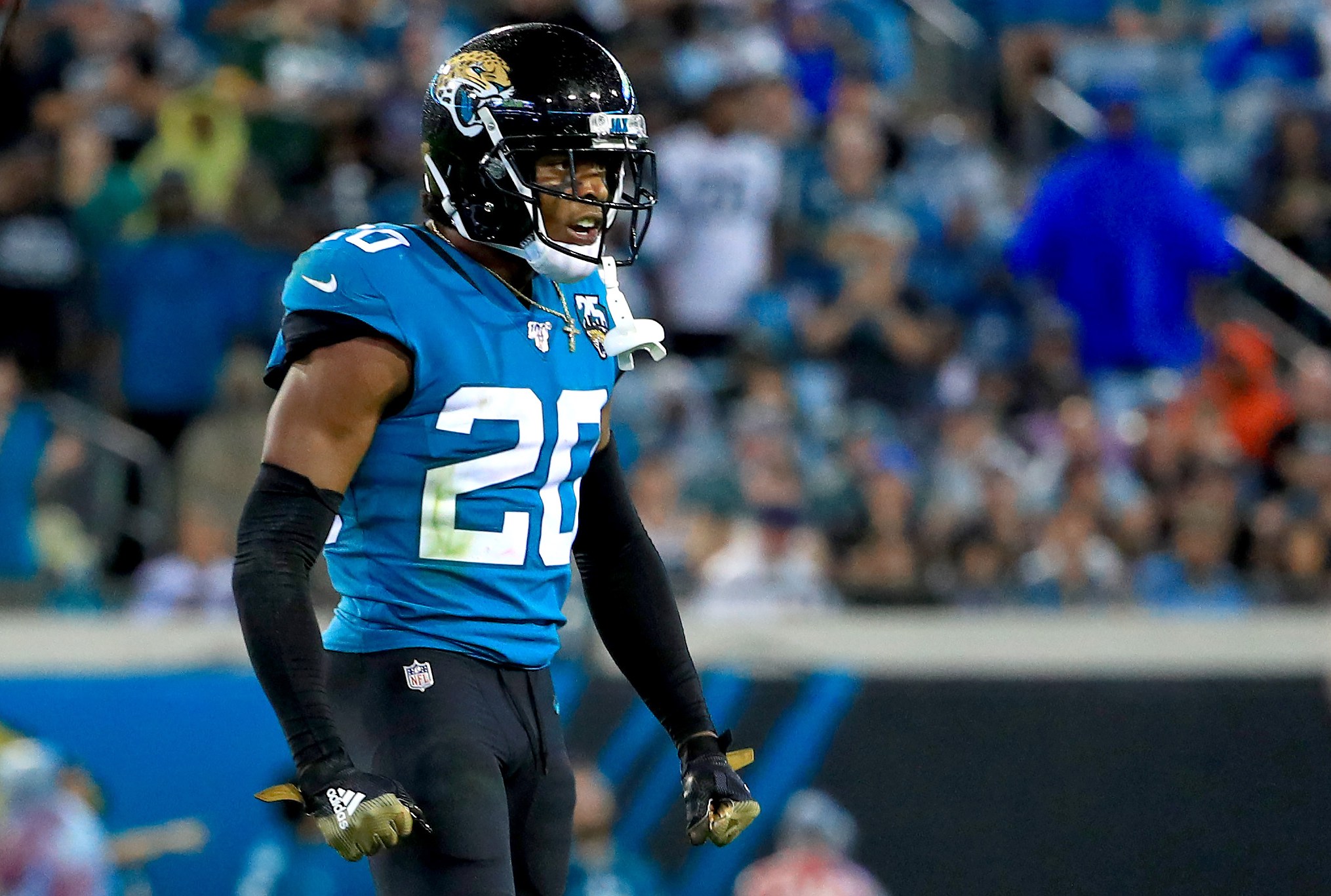 JACKSONVILLE, FLORIDA - SEPTEMBER 19: Jalen Ramsey #20 of the Jacksonville Jaguars reacts to a play during a game against the Tennessee Titans at TIAA Bank Field on September 19, 2019 in Jacksonville, Florida. (Photo by Mike Ehrmann/Getty Images)