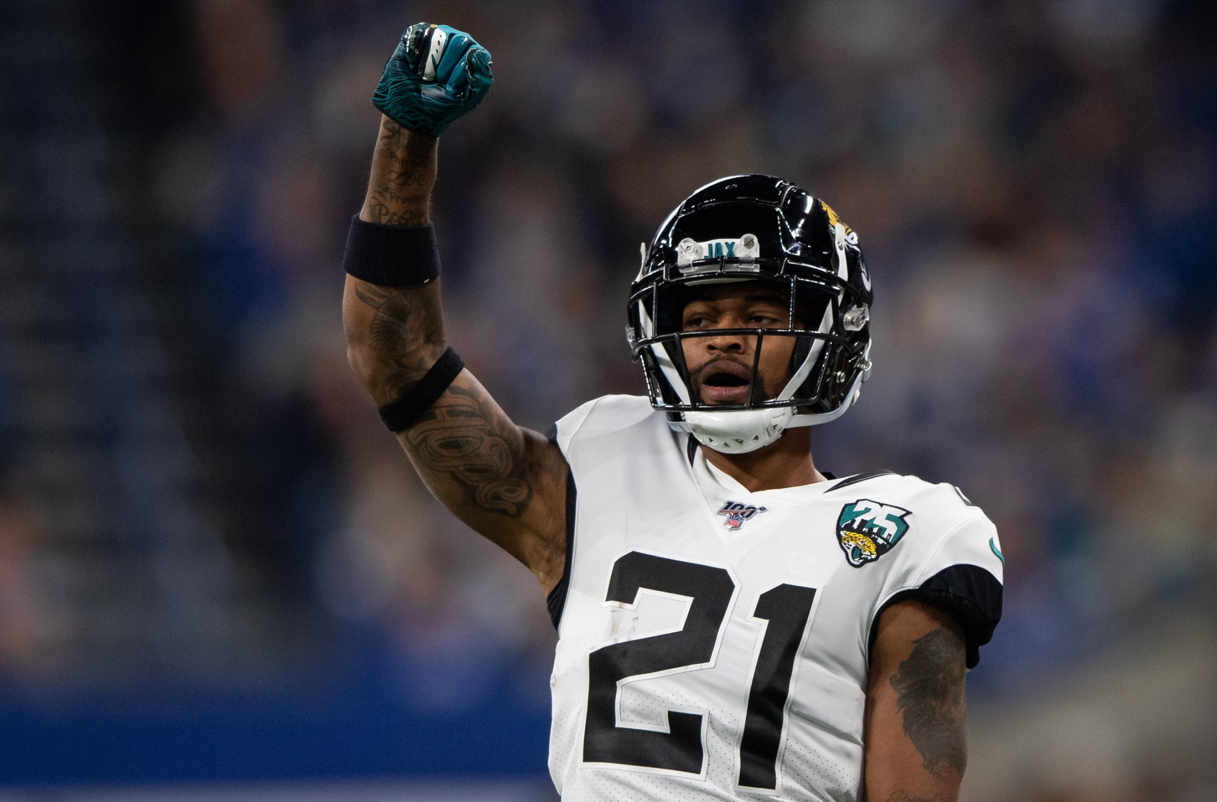 INDIANAPOLIS, IN - NOVEMBER 17: Jacksonville Jaguars cornerback A.J. Bouye (21) celebrates a defensive stop during the NFL game between the Jacksonville Jaguars and the Indianapolis Colts on November 17, 2019 at Lucas Oil Stadium, in Indianapolis, IN. (Photo by Zach Bolinger/Icon Sportswire via Getty Images)