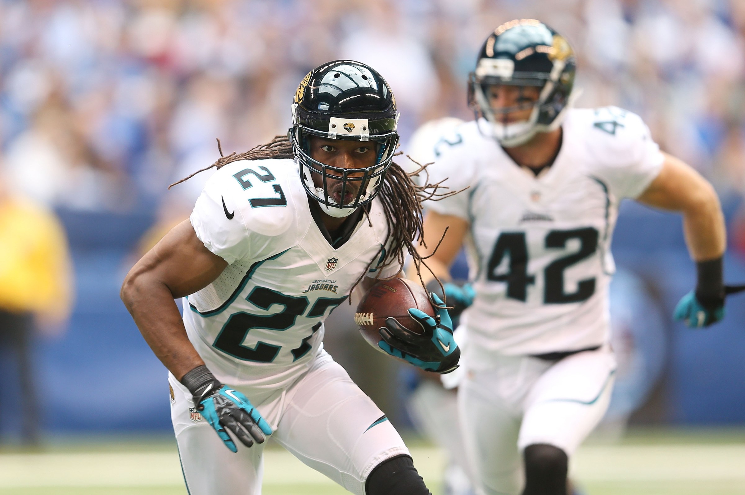 INDIANAPOLIS, IN - SEPTEMBER 23: Rashean Mathis #27 of the Jacksonville Jaguars runs with the ball after intercepting a pass during the NFL game against the Indianapolis Colts at Lucas Oil Stadium on September 23, 2012 in Indianapolis, Indiana. (Photo by Andy Lyons/Getty Images)