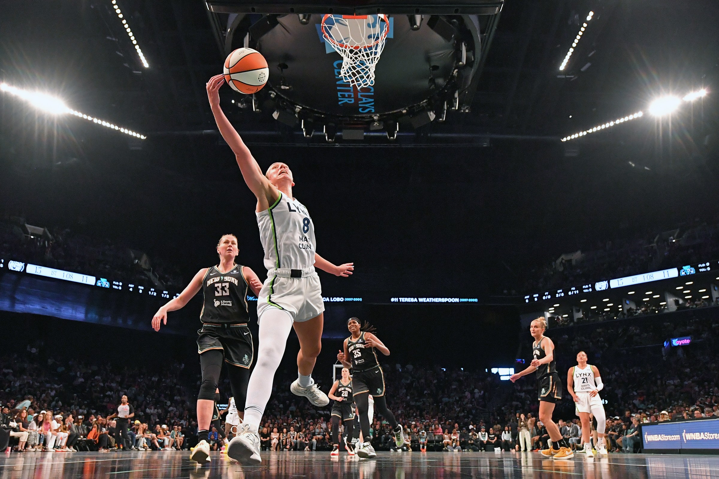 BROOKLYN, NY - AUGUST 10: Alanna Smith #8 of the Minnesota Lynx grabs the loose ball during the game against the New York Liberty on August 10, 2025 at Barclays Center Arena in Brooklyn, New York. NOTE TO USER: User expressly acknowledges and agrees that, by downloading and or using this photograph, User is consenting to the terms and conditions of the Getty Images License Agreement. Mandatory Copyright Notice: Copyright 2025 NBAE(Photo by Catalina Fragoso/NBAE via Getty Images)