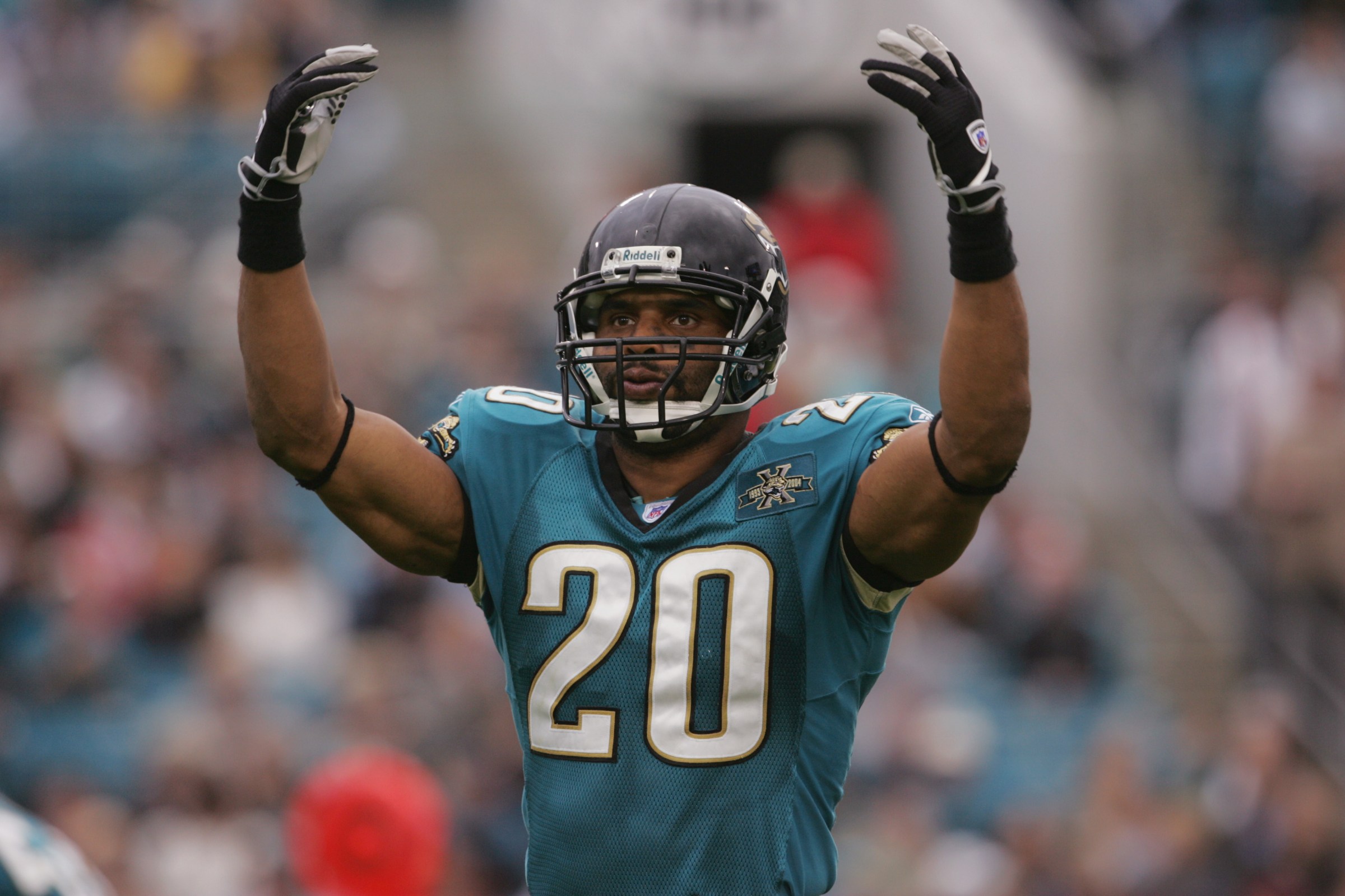 JACKSONVILLE, FL - NOVEMBER 14: Safety Donovin Darius #20 of the Jacksonville Jaguars looks on while facing the Detroit Lions at Alltel Stadium on November 14, 2004 in Jacksonville, Florida. The Jaguars defeated the Lions in overtime 23-17. (Photo by Jeff Gross/Getty Images)