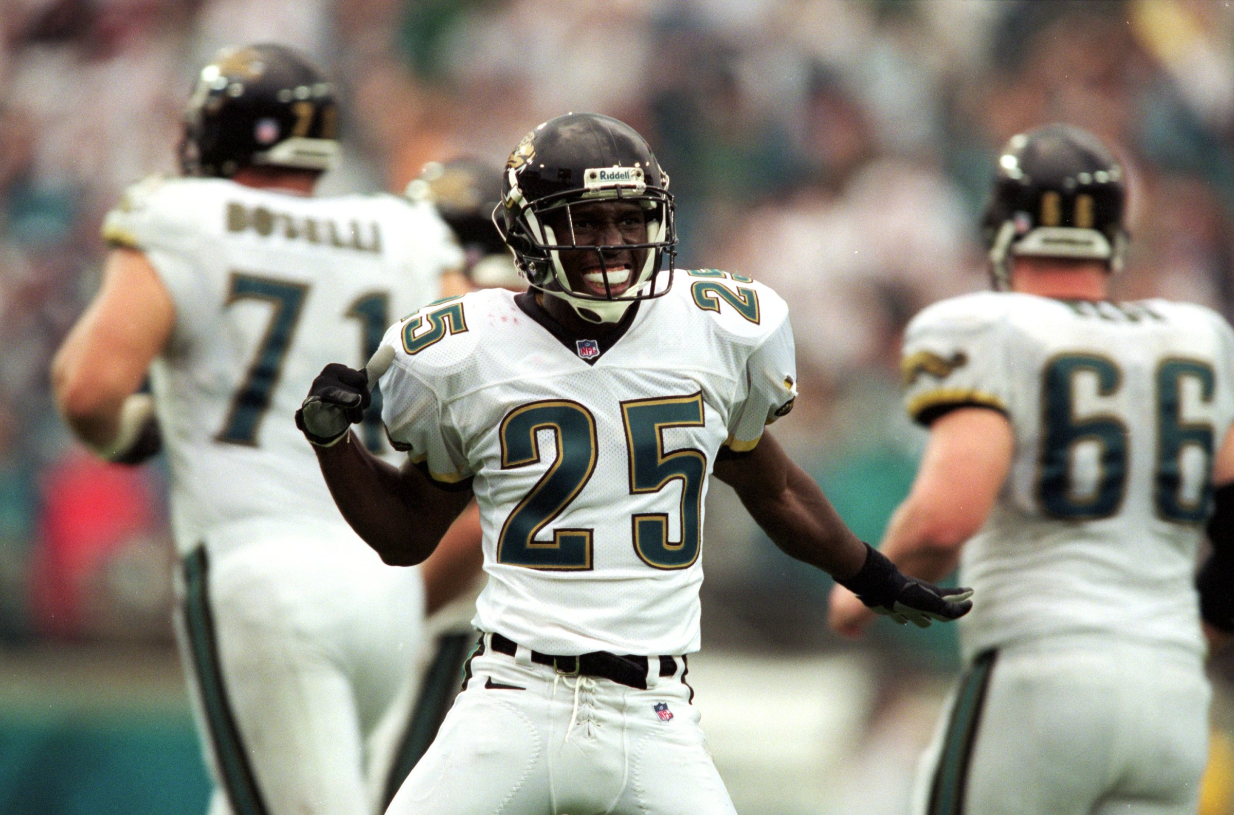 12 Sep 1999: Fernando Bryant #25 of the Jacksonville Jaguars celebrates during the game against the San Francisco 49ers at the Alltell Stadium in Jacksonville, Florida. The Jaguars defeated the 49ers 41-3. Mandatory Credit: Andy Lyons /Allsport