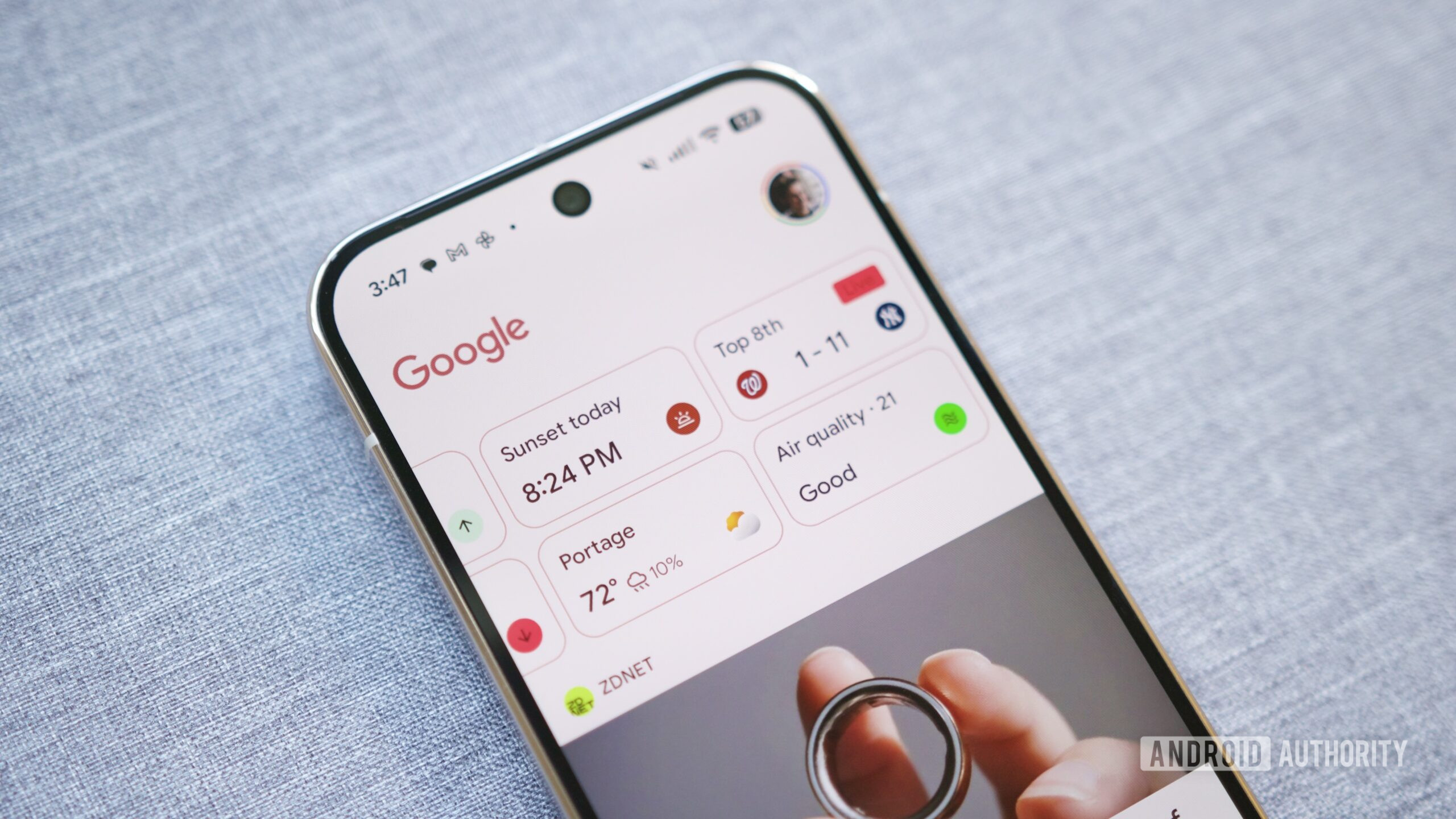 Google Discover, showing info like the weather, sports scores, and more.