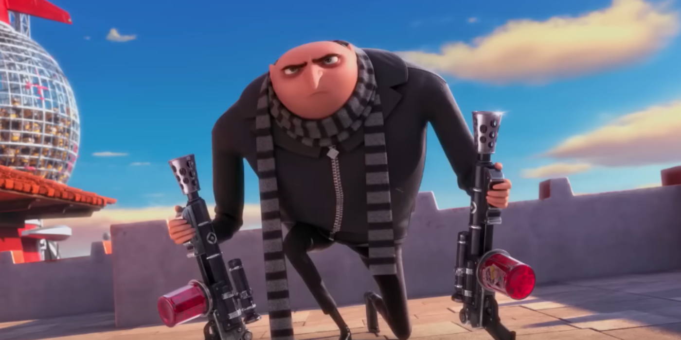 Gru looks determined and is holding two guns as he goes to save Lucy in Despicable Me 2.
