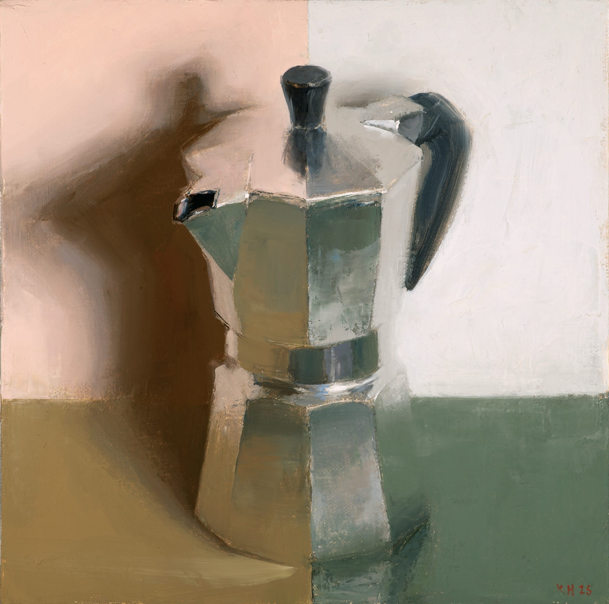 an oil painting of a moka coffee maker reflecting the chartreuse and green surface that it sits on